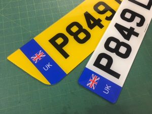 Numberplates bought online, shown on cutting map. Front & rear numberplates from legal UK supplier.